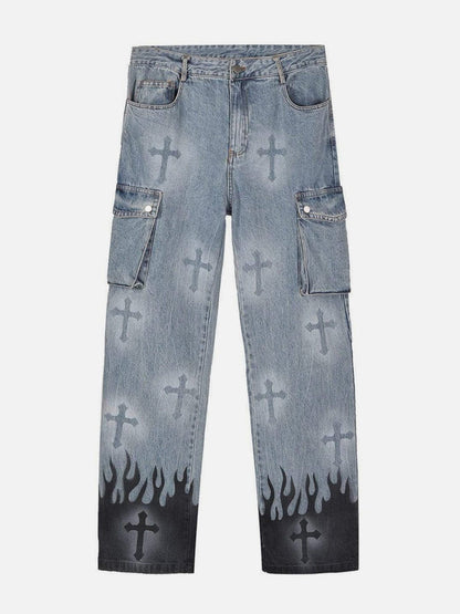 Dames Vlam Kruis Jeans - Stijlvolle Versleten Denim met Gedurfde Vlamontwerpen voor een Trends Uiterlijk