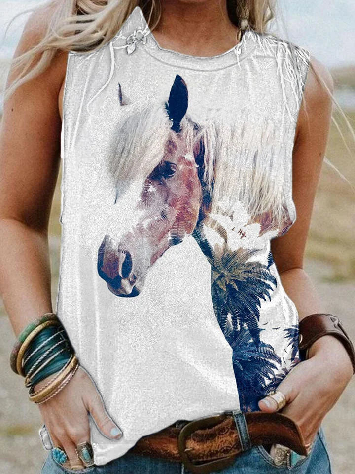 Dames-T-shirt met paardenportret - Artistiek en comfortabel mouwloos shirt