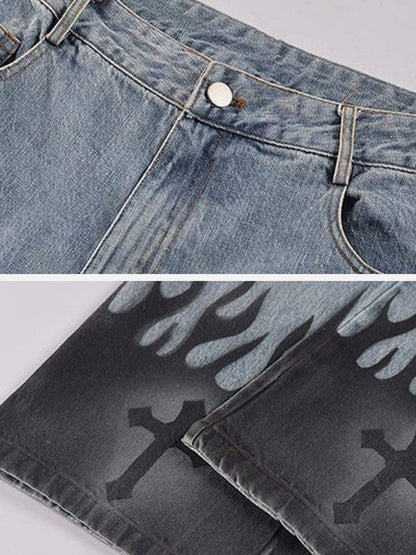 Dames Vlam Kruis Jeans - Stijlvolle Versleten Denim met Gedurfde Vlamontwerpen voor een Trends Uiterlijk