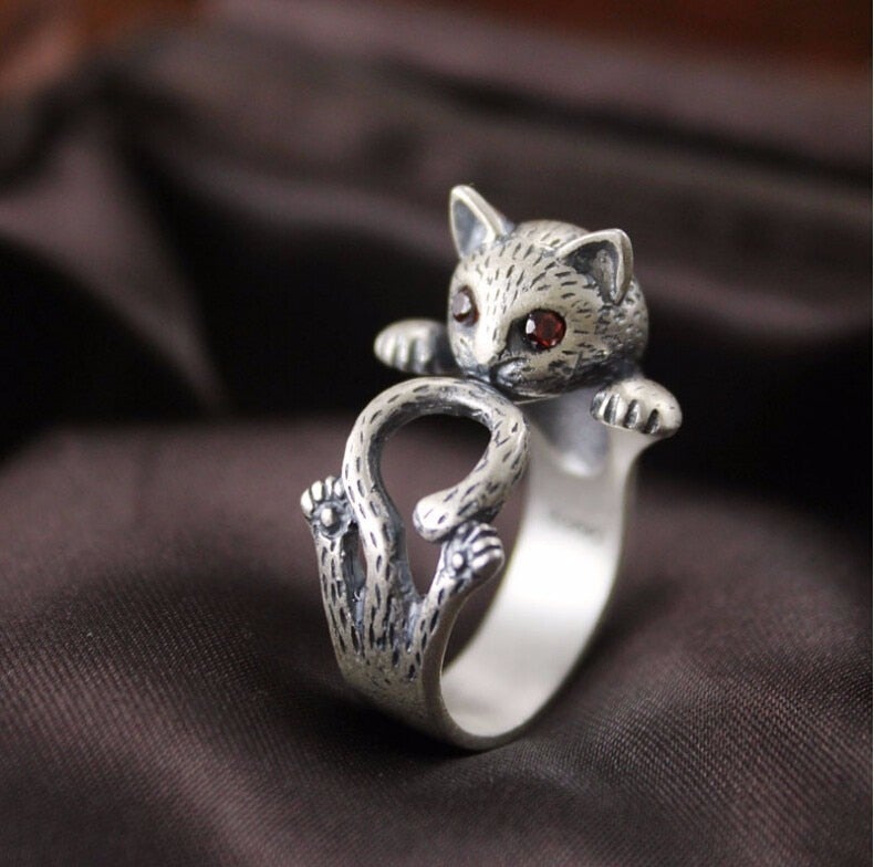 Verstelbare handgeschilderde kattenring in 925 sterling zilver