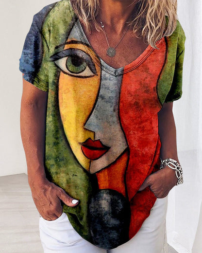 T-shirt met abstracte gezichtsopdruk voor dames - Trends en artistieke vrijetijdskleding