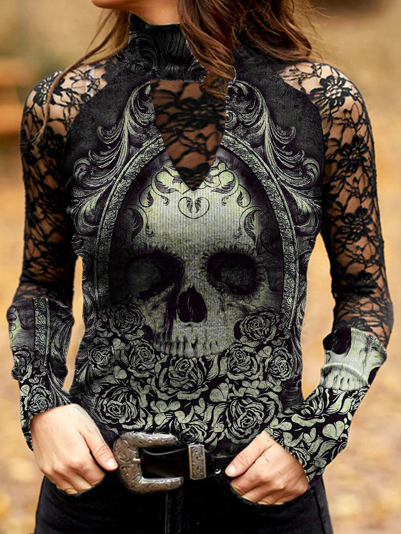 Damespunk doodskop met lange mouwen - Edgy gothic top met ingewikkeld kantdetail