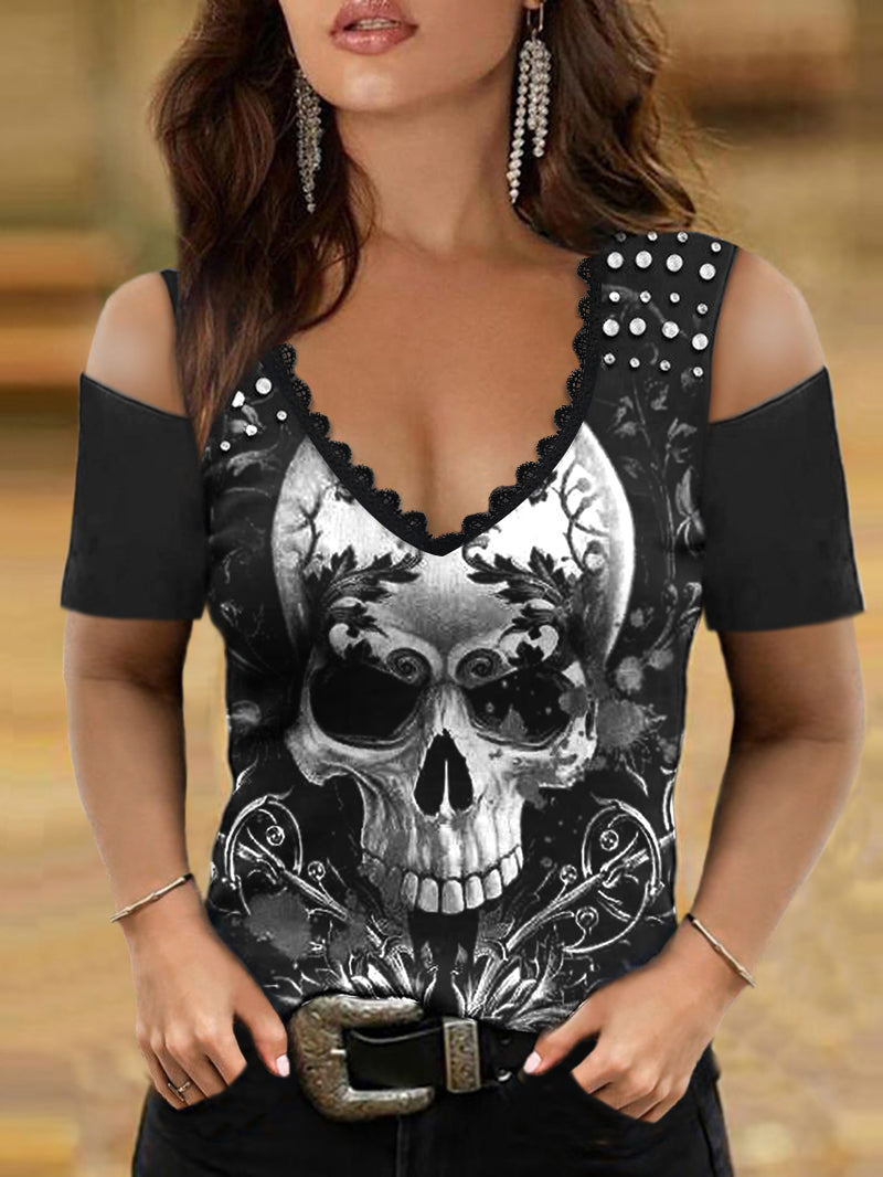 Dameshemd met doodshoofd en gothic kant - Edgy top met ingewikkeld kantdetail