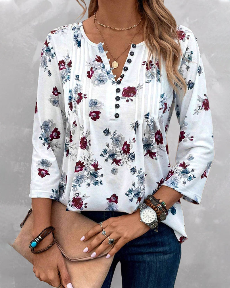 Elegante blouse met bloemenprint en sierknopen - Stijlvolle damestop