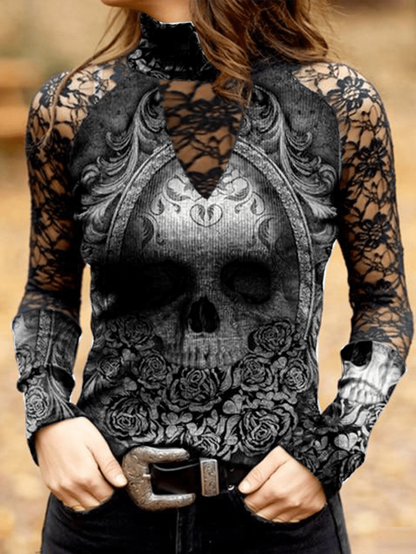 Damespunk doodskop met lange mouwen - Edgy gothic top met ingewikkeld kantdetail