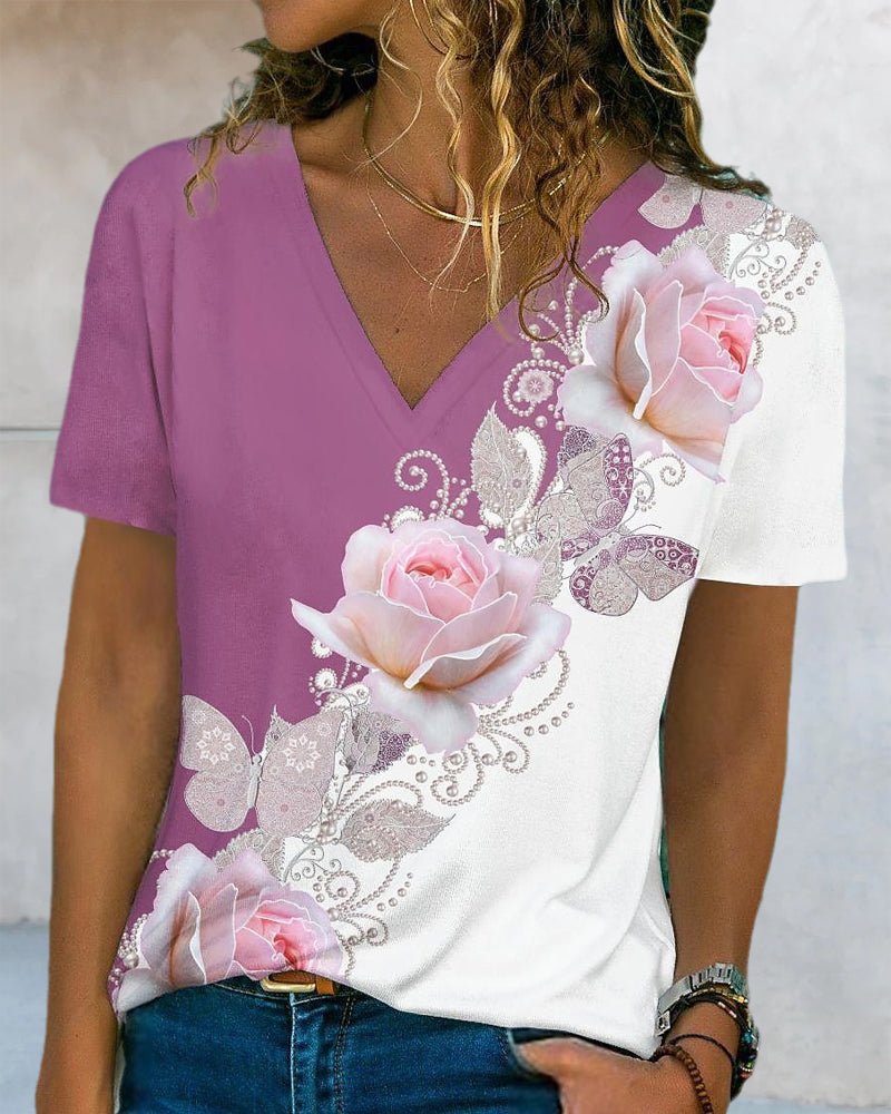 Dames-T-shirt met bloemenprint en V-hals - Stijlvolle en comfortabele top