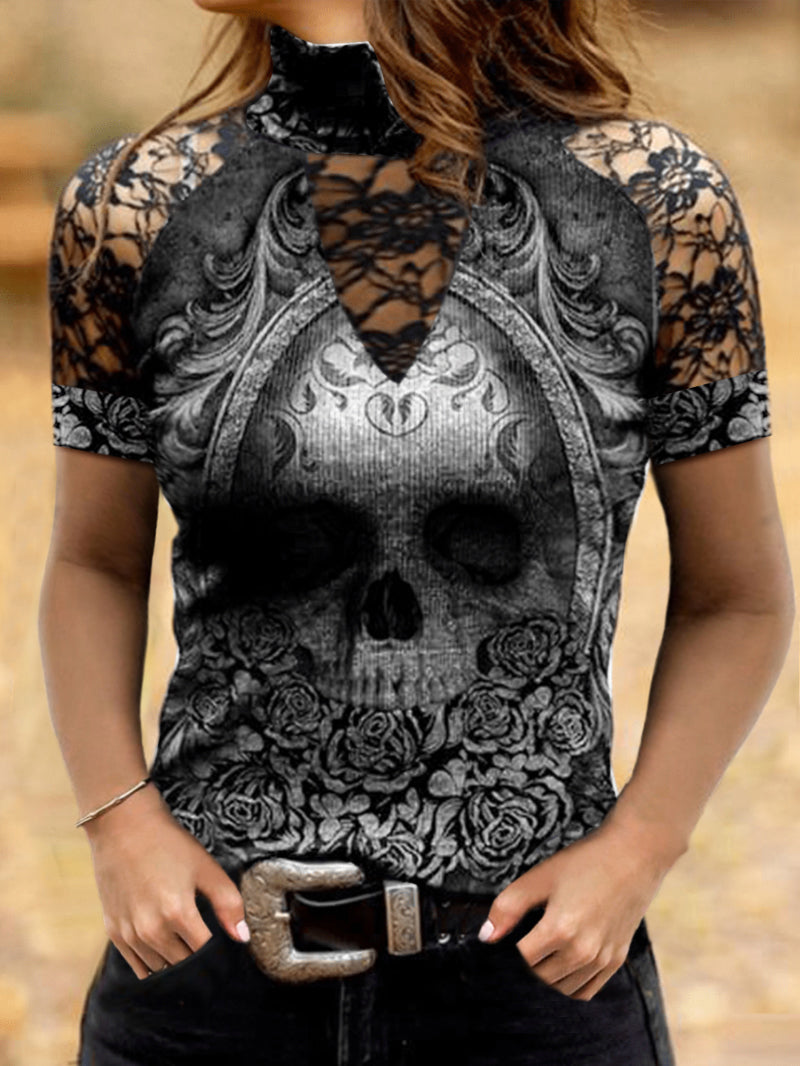 Damespunk doodskop met lange mouwen - Edgy gothic top met ingewikkeld kantdetail