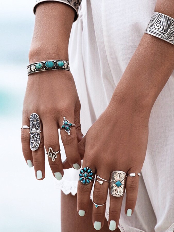 Boheemse Turquoise Ringset - Stijlvolle stapelbare ringen voor een levendige, artistieke look