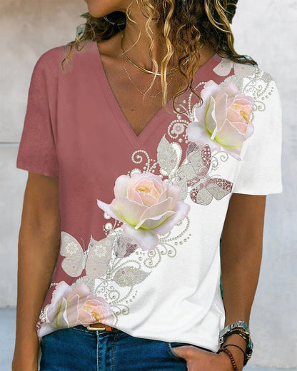 Dames-T-shirt met bloemenprint en V-hals - Stijlvolle en comfortabele top