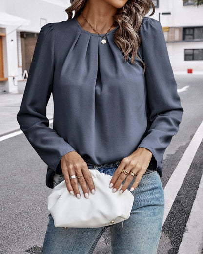 Dames Effen Geplooide Blouse met Pofmouwen – Elegante en Vrouwelijke Top