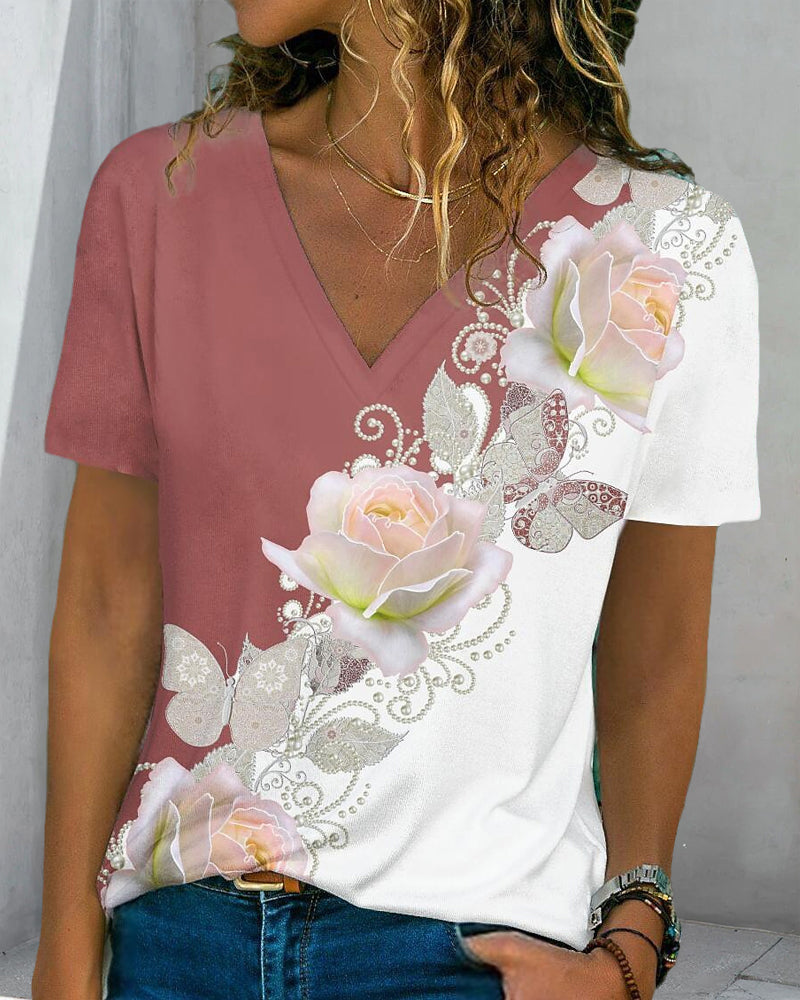 Dames-T-shirt met bloemenprint en V-hals - Stijlvolle en comfortabele top