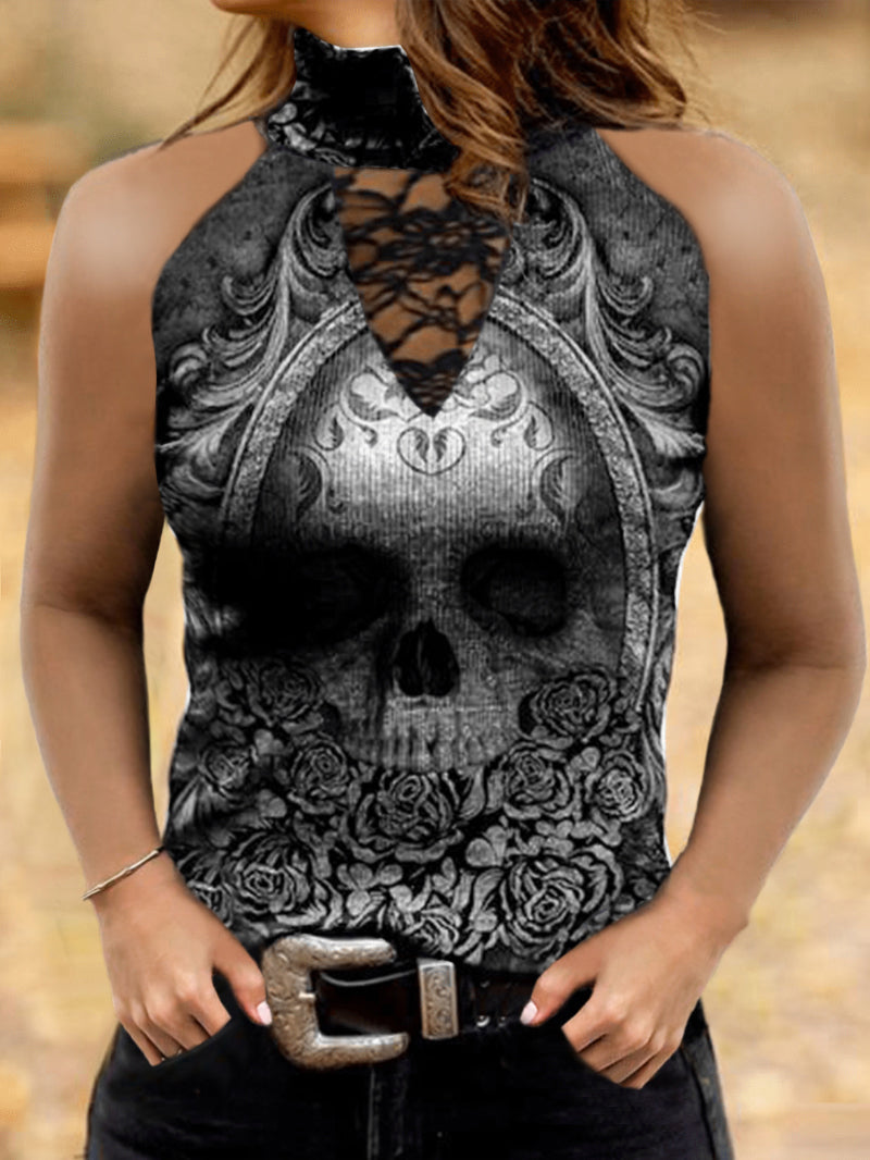 Damespunk doodskop met lange mouwen - Edgy gothic top met ingewikkeld kantdetail