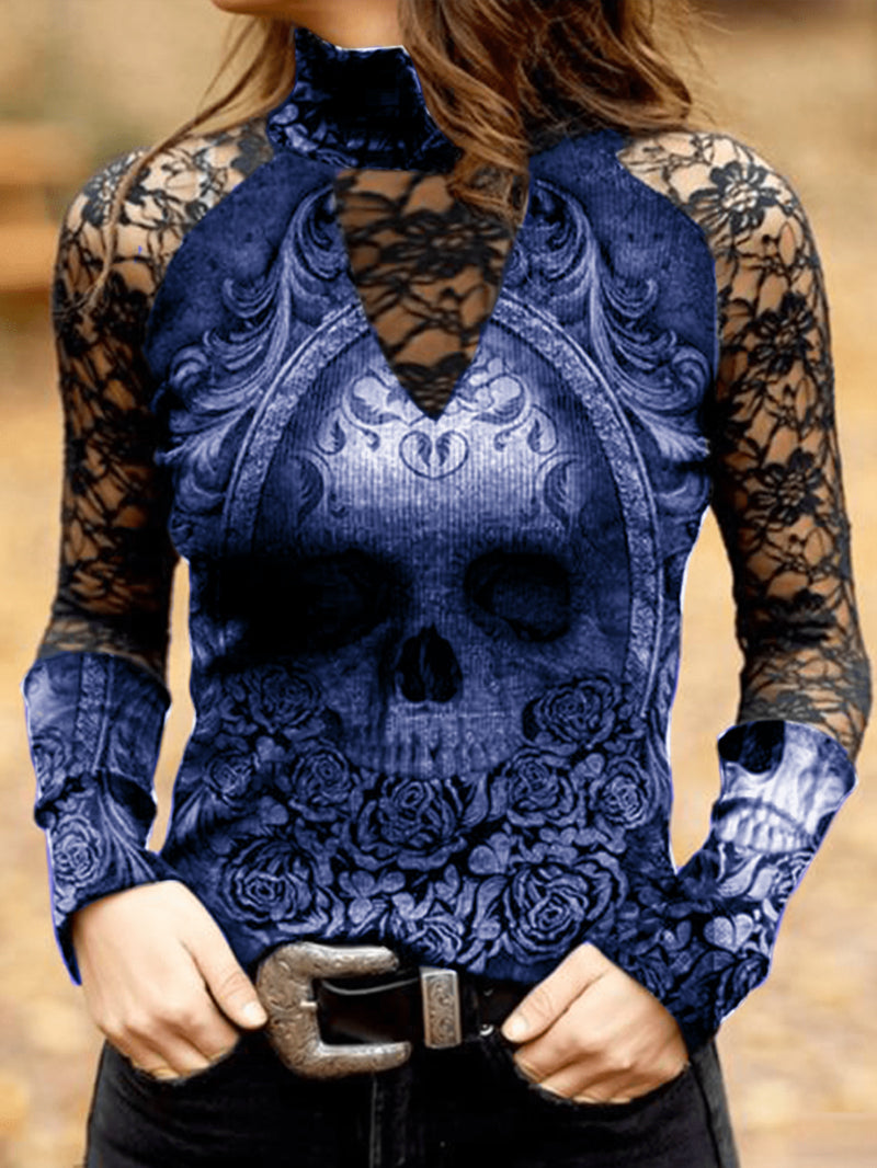 Damespunk doodskop met lange mouwen - Edgy gothic top met ingewikkeld kantdetail