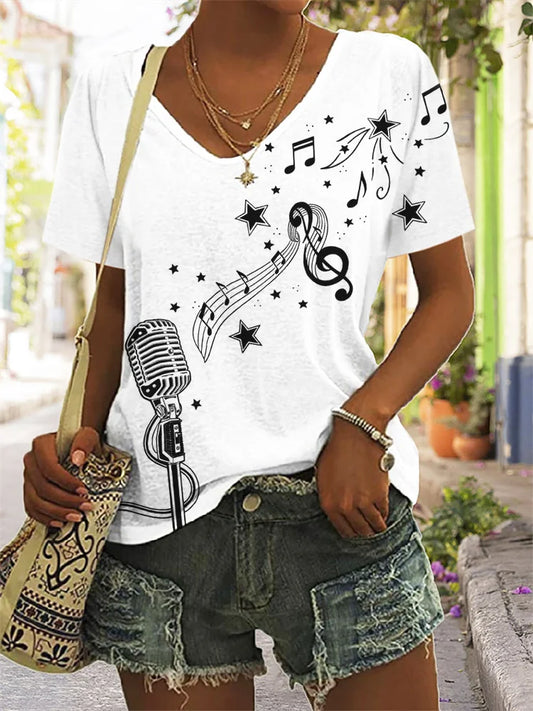 Dames-T-shirt met V-hals en muzieknoten - Perfect T-shirt voor muziekliefhebbers